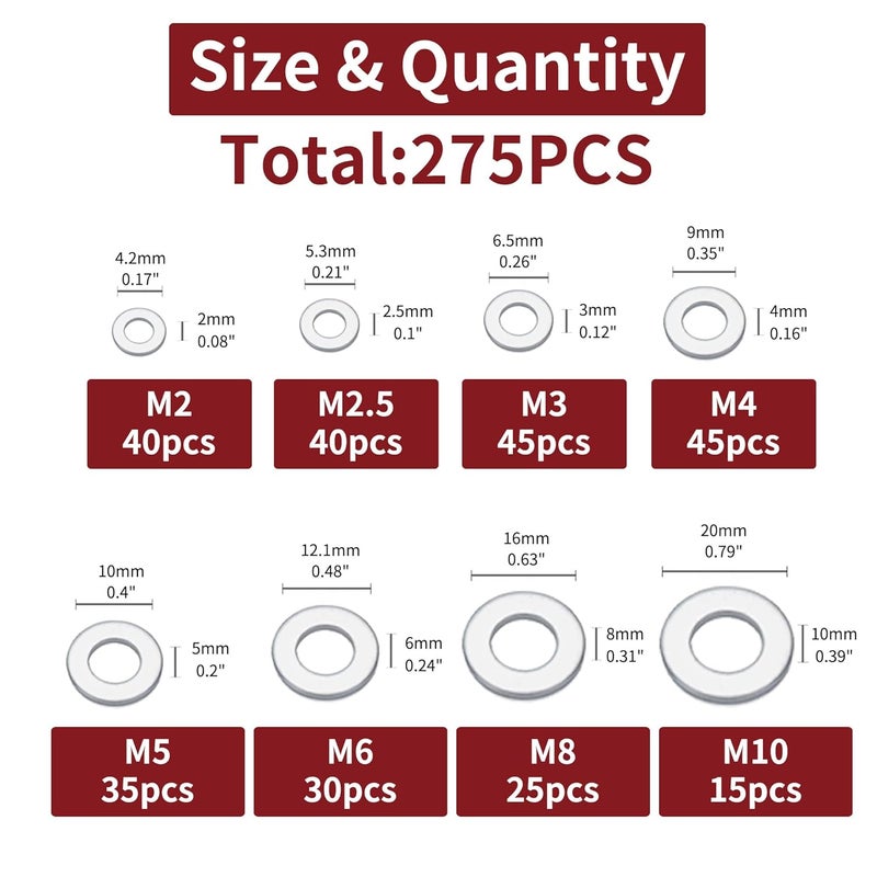 AIMUNOK 275pcs White zinc Plating on Carbon Steel Flat Washers Set Big Plain Washers Gaskets M2 M2.5 M3 M4 M5 M6 M8 M10 Metal Fasteners Kit - Image 2